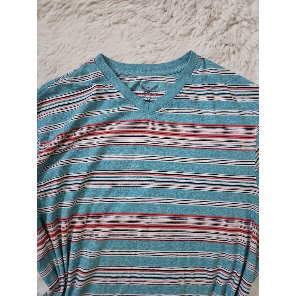 Y2K 2000s Faded Glory Heather Teal Striped Vneck T-Shirt Distressed XL - Picture 8 of 12